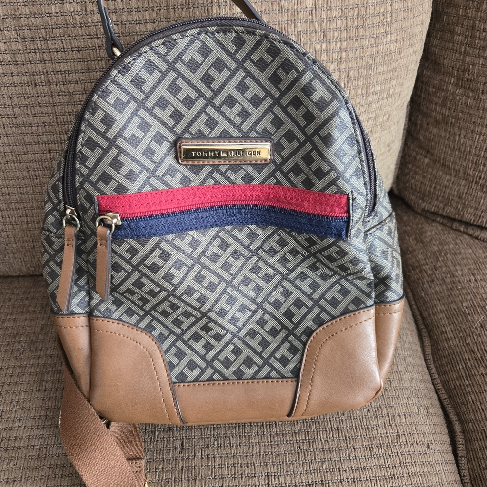 Tommy Hilfiger Brown and Blue Backpack with Leather Accents